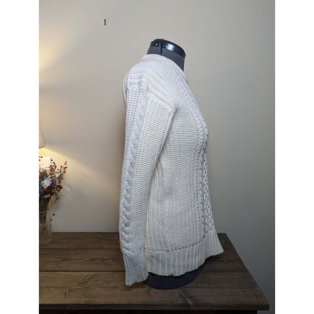 XXS J. CREW Cotton & Wool Sweater - Chunky Cable Knit w/ Slit and Fringe - Picture 5 of 12